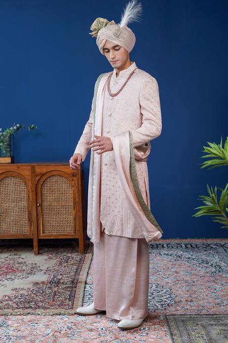 Buy_Philocaly_Blush Silk Embroidery, Zari, Feathers, Gulsha Floral Pitta Work Sherwani Set  _Online_at_Aza_Fashions