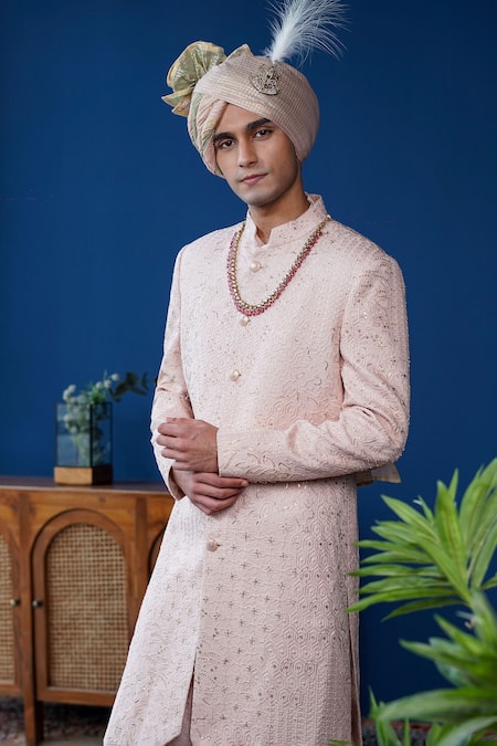 Shop_Philocaly_Blush Silk Embroidery, Zari, Feathers, Gulsha Floral Pitta Work Sherwani Set  _Online_at_Aza_Fashions