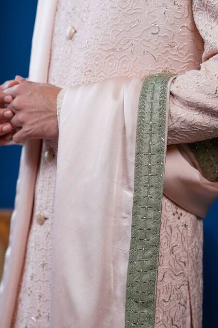 Philocaly_Blush Silk Embroidery, Zari, Feathers, Gulsha Floral Pitta Work Sherwani Set  _at_Aza_Fashions