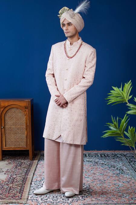 Buy_Philocaly_Blush Silk Embroidery, Zari, Feathers, Gulsha Floral Pitta Work Sherwani Set  