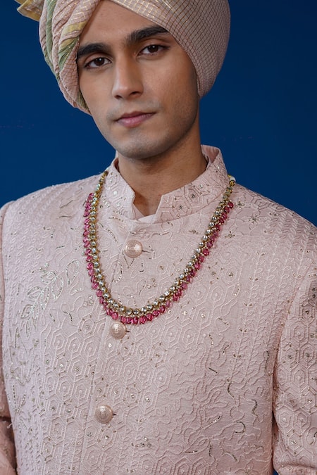 Shop_Philocaly_Blush Silk Embroidery, Zari, Feathers, Gulsha Floral Pitta Work Sherwani Set  