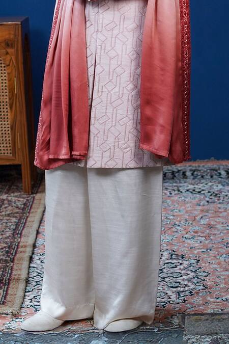 Philocaly_Pink Embroidery, Stones Zaroon Diamond Pattern Sherwani Set  _Online_at_Aza_Fashions