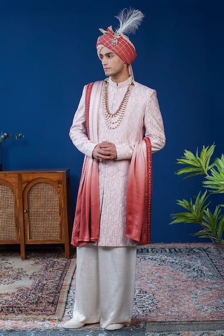 Philocaly Pink Embroidery, Stones Zaroon Diamond Pattern Sherwani Set  