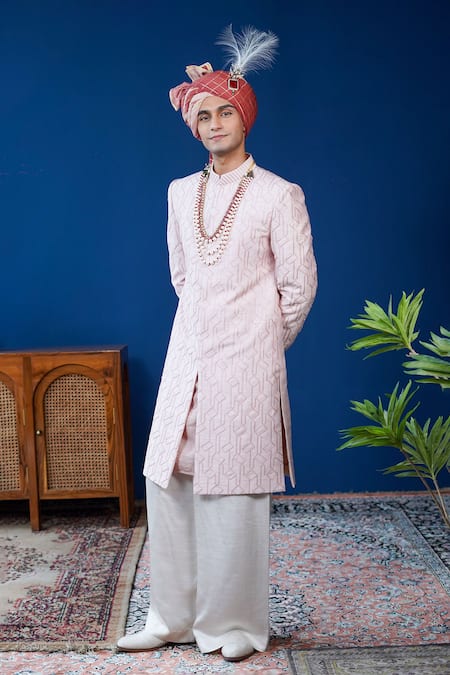 Buy_Philocaly_Pink Embroidery, Stones Zaroon Diamond Pattern Sherwani Set  _Online_at_Aza_Fashions