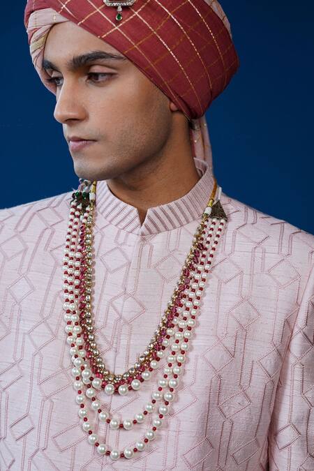 Philocaly_Pink Embroidery, Stones Zaroon Diamond Pattern Sherwani Set  _at_Aza_Fashions