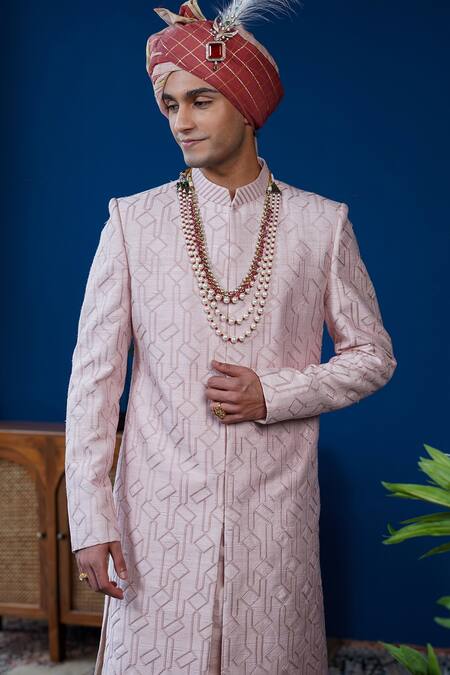 Buy_Philocaly_Pink Embroidery, Stones Zaroon Diamond Pattern Sherwani Set  