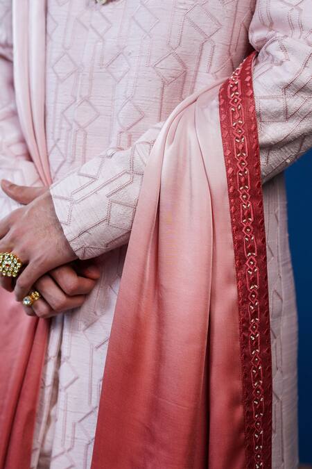 Shop_Philocaly_Pink Embroidery, Stones Zaroon Diamond Pattern Sherwani Set  