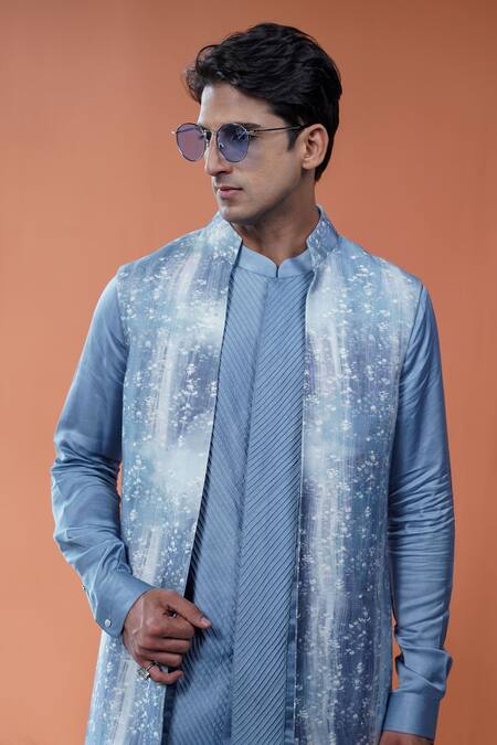 Philocaly_Blue Cotton, Tussar Nilo Open Floral Print Bundi _Online_at_Aza_Fashions