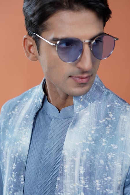 Shop_Philocaly_Blue Cotton, Tussar Nilo Open Floral Print Bundi _Online_at_Aza_Fashions