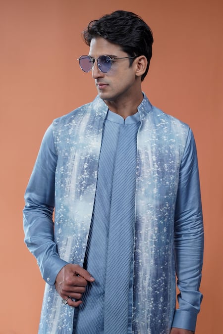 Philocaly_Blue Tussar, Cotton, Linen, Satin Nilo Printed Bundi And Pintuck Kurta _Online_at_Aza_Fashions