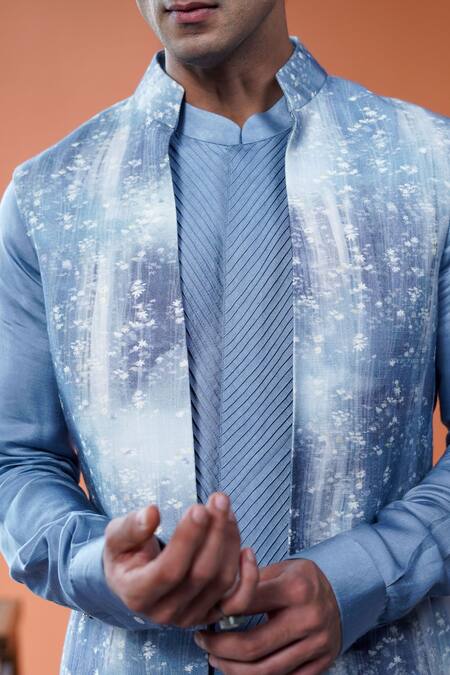 Shop_Philocaly_Blue Tussar, Cotton, Linen, Satin Nilo Printed Bundi And Pintuck Kurta _Online_at_Aza_Fashions