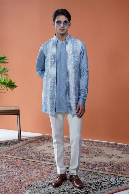 Philocaly Blue Tussar, Cotton, Linen, Satin Nilo Printed Bundi And Pintuck Kurta 