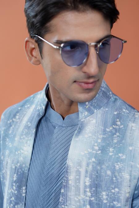 Philocaly_Blue Tussar, Cotton, Linen, Satin Nilo Printed Bundi And Pintuck Kurta _at_Aza_Fashions
