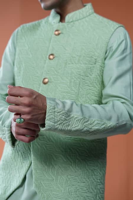 Philocaly_Mint Silk, Cotton Embroidery Auric Geometric Bundi And Kurta _Online_at_Aza_Fashions