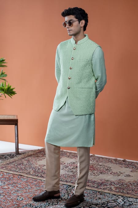 Shop_Philocaly_Mint Silk, Cotton Embroidery Auric Geometric Bundi And Kurta _Online_at_Aza_Fashions