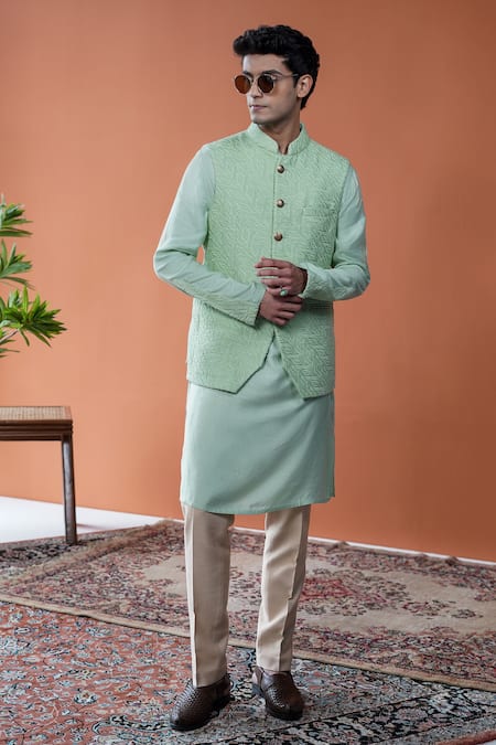 Philocaly Mint Silk, Cotton Embroidery Auric Geometric Bundi And Kurta 