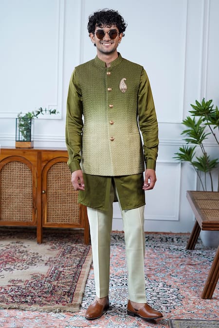 Shop_Philocaly_Green Silk Embroidery, Brooches Sehar Ombre Bundi_Online_at_Aza_Fashions