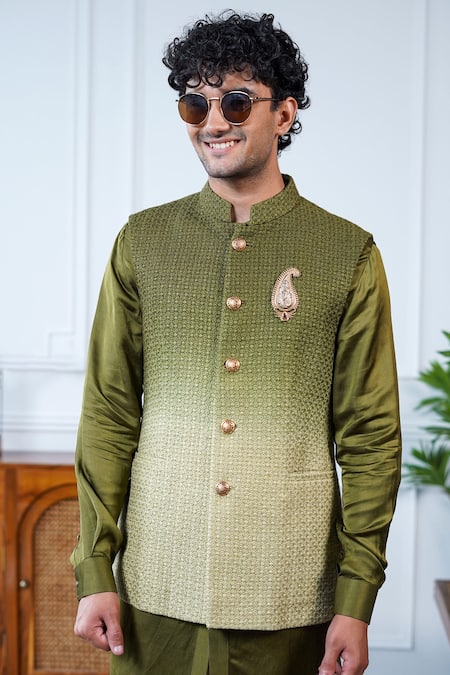 Philocaly Green Silk Embroidery, Brooches Sehar Ombre Bundi 