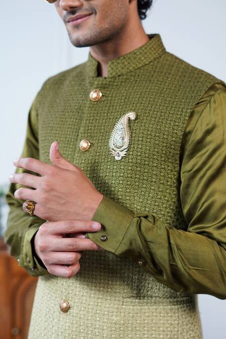 Philocaly_Green Silk, Cotton Embroidery, Sehar Ombre Bundi And Asymmetrical Kurta_Online_at_Aza_Fashions