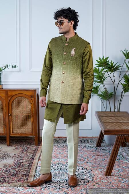 Shop_Philocaly_Green Silk, Cotton Embroidery, Sehar Ombre Bundi And Asymmetrical Kurta_Online_at_Aza_Fashions