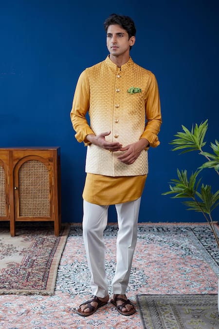 Philocaly_Mustard Silk Embroidery Basant Ombre Bundi _Online_at_Aza_Fashions