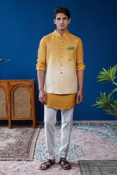 Buy_Philocaly_Mustard Silk Embroidery Basant Ombre Bundi _Online_at_Aza_Fashions