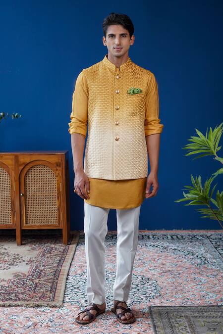 Philocaly_Mustard Silk, Cotton Embroidery Basant Ombre Bundi And Kurta _Online_at_Aza_Fashions