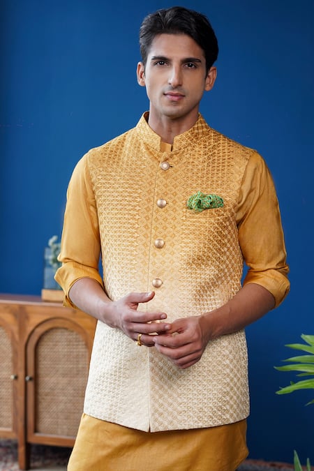 Buy_Philocaly_Mustard Silk, Cotton Embroidery Basant Ombre Bundi And Kurta _Online_at_Aza_Fashions