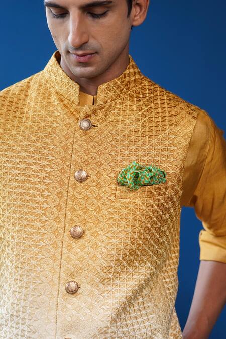 Shop_Philocaly_Mustard Silk, Cotton Embroidery Basant Ombre Bundi And Kurta _Online_at_Aza_Fashions