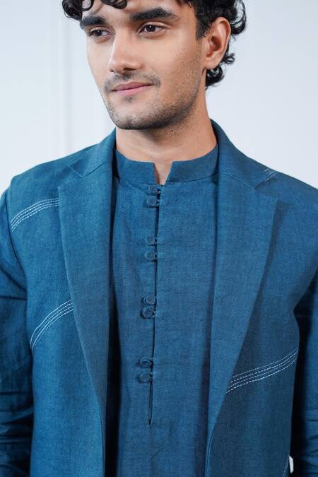 Philocaly_Blue Linen Embroidery Ambar Notch Collar Bundi _Online_at_Aza_Fashions