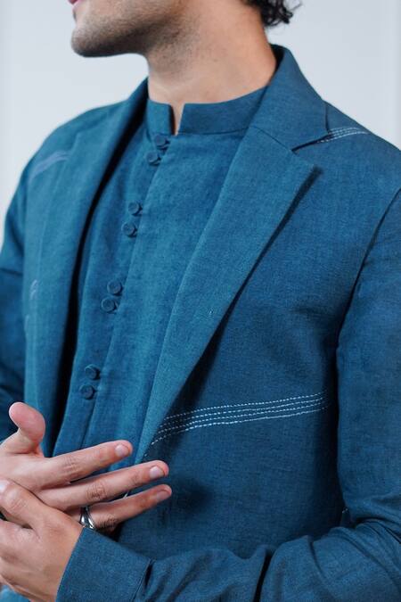 Buy_Philocaly_Blue Linen Embroidery Ambar Notch Collar Bundi _Online_at_Aza_Fashions