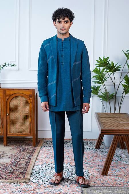 Shop_Philocaly_Blue Linen Embroidery Ambar Notch Collar Bundi _Online_at_Aza_Fashions