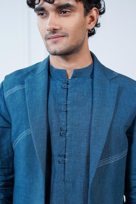 Philocaly_Blue Linen Embroidery Ambar Artisanal Bundi With Kurta _Online_at_Aza_Fashions