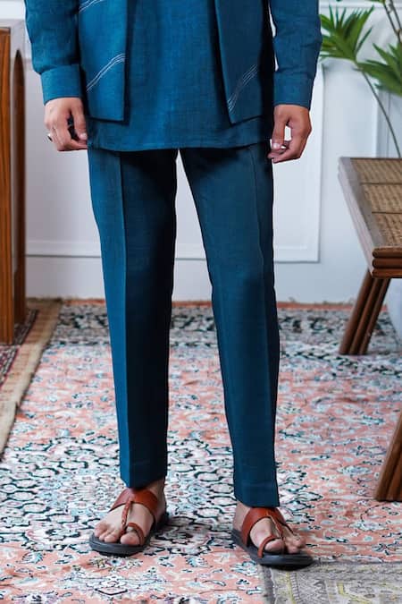 Shop_Philocaly_Blue Linen Embroidery Ambar Artisanal Bundi With Kurta _Online_at_Aza_Fashions