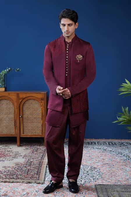 Philocaly Wine Linen, Satin Embroidery Arohan Open-front Bundi 