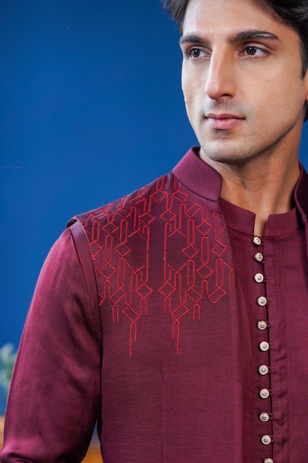 Shop_Philocaly_Wine Linen, Satin Embroidery Arohan Open-front Bundi _Online_at_Aza_Fashions