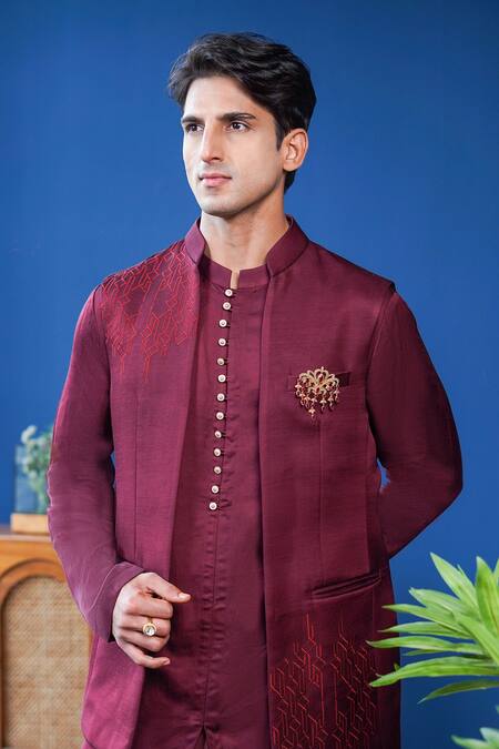 Philocaly_Wine Linen, Satin Embroidery Arohan Bundi And Kurta Set _Online_at_Aza_Fashions