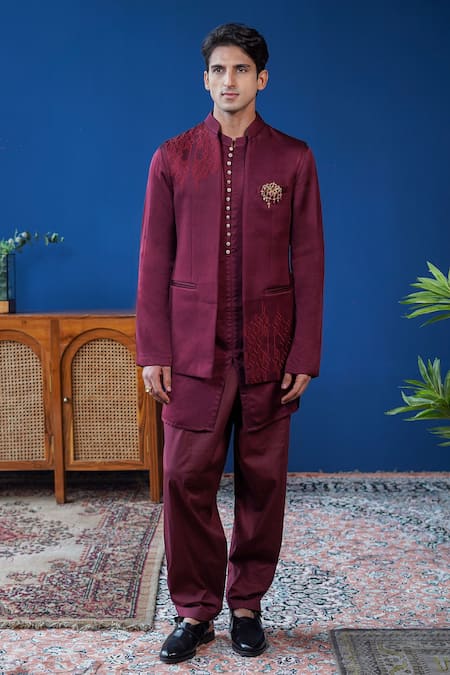 Philocaly Wine Linen, Satin Embroidery Arohan Bundi And Kurta Set 