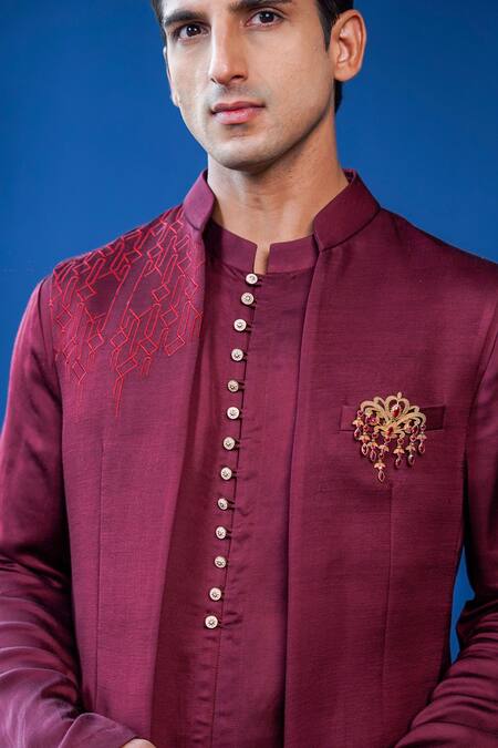 Buy_Philocaly_Wine Linen, Satin Embroidery Arohan Bundi And Kurta Set _Online_at_Aza_Fashions