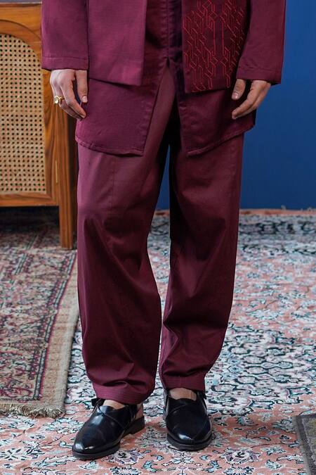 Shop_Philocaly_Wine Linen, Satin Embroidery Arohan Bundi And Kurta Set _Online_at_Aza_Fashions