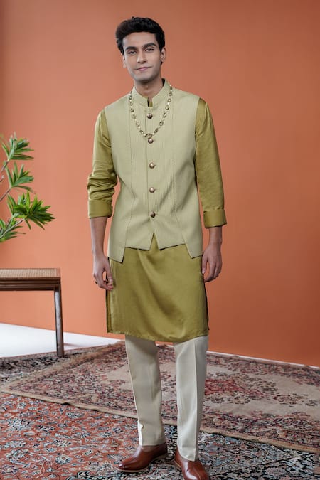 Buy_Philocaly_Olive Green Silk Kirit Pintucks Panelled Low-high Hem Bundi _Online_at_Aza_Fashions