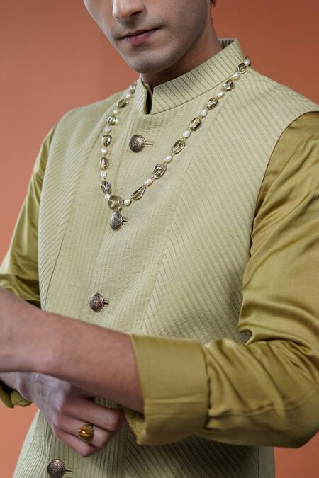 Shop_Philocaly_Olive Green Silk Kirit Pintucks Panelled Low-high Hem Bundi _Online_at_Aza_Fashions