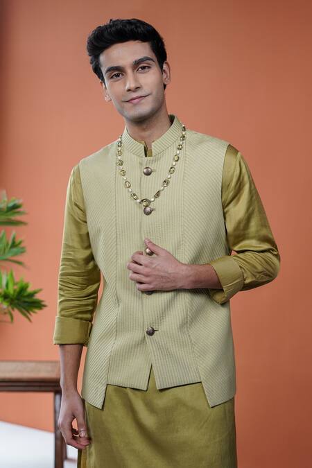 Philocaly_Olive Green Silk, Linen, Satin Kirit Paneled Pintuck Bundi And Kurta Set _Online_at_Aza_Fashions