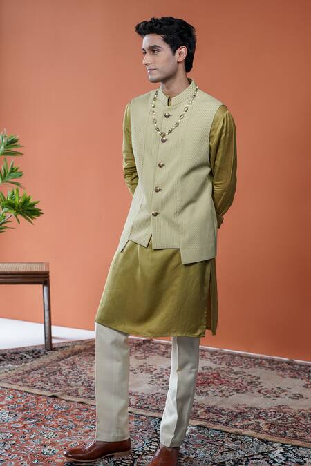 Buy_Philocaly_Olive Green Silk, Linen, Satin Kirit Paneled Pintuck Bundi And Kurta Set _Online_at_Aza_Fashions