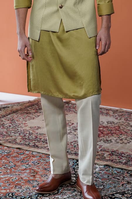 Shop_Philocaly_Olive Green Silk, Linen, Satin Kirit Paneled Pintuck Bundi And Kurta Set _Online_at_Aza_Fashions