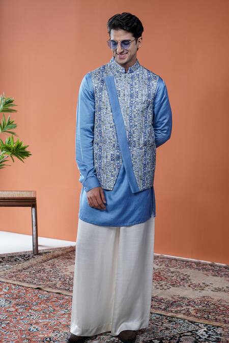 Buy_Philocaly_Blue Linen, Satin Taran Printed Bundi  _Online_at_Aza_Fashions