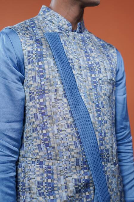 Philocaly_Blue Linen, Satin Taran Printed Bundi  _at_Aza_Fashions
