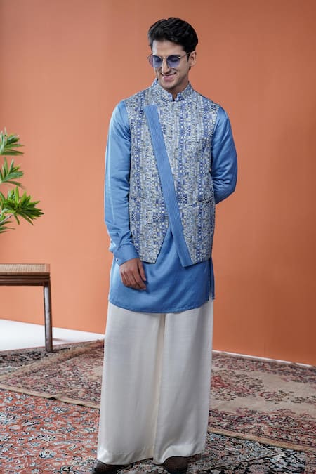 Philocaly Blue Linen, Satin Taran Printed Bundi And Tonal Kurta Set 