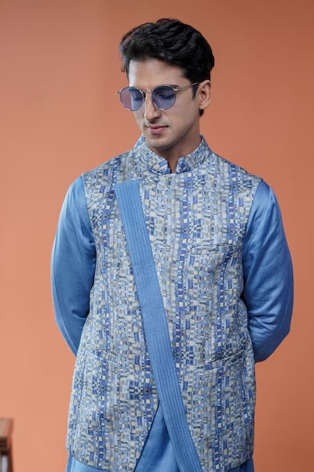 Buy Philocaly Blue Linen, Satin Taran Printed Bundi And Tonal Kurta Set Online at Aza Fashions Buy_Philocaly_Blue Linen, Satin Taran Printed Bundi And Tonal Kurta Set _Online_at_Aza_Fashions