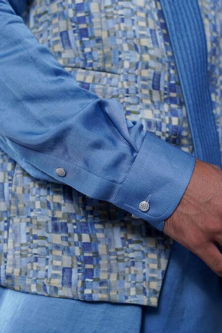 Shop Philocaly Blue Linen, Satin Taran Printed Bundi And Tonal Kurta Set Online at Aza Fashions Shop_Philocaly_Blue Linen, Satin Taran Printed Bundi And Tonal Kurta Set _Online_at_Aza_Fashions